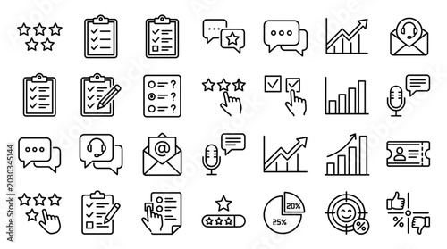 Customer feedback and satisfaction icons in a hand-drawn sketch style.