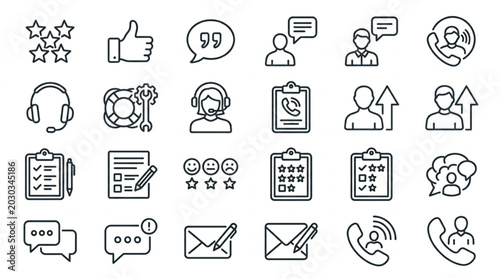 Customer service and feedback icon set for communication and support.