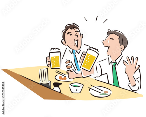 Obraz na płótnie 仕事が終わって居酒屋でビールを飲んでいる２人のビジネスマンのベクターイラスト