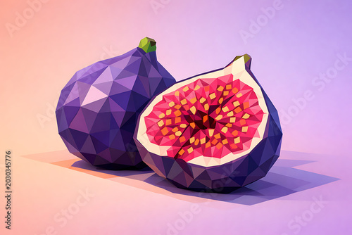 Low poly geometric purple figs whole and halved on a gradient background