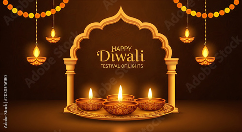 Diwali festival of lights illuminated diya lamps and traditional archway