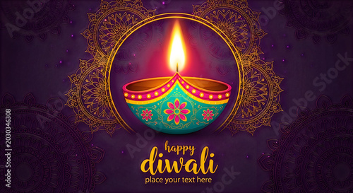 Diwali celebration illuminated oil lamp with ornamental mandala background