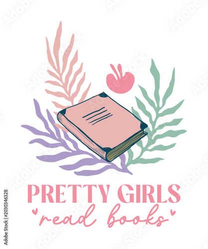 Pretty girls read books quote lettering retro boho art