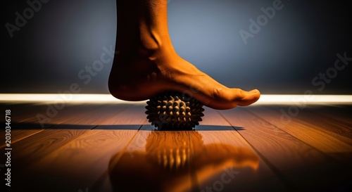Foot massage with spiky ball on floor.