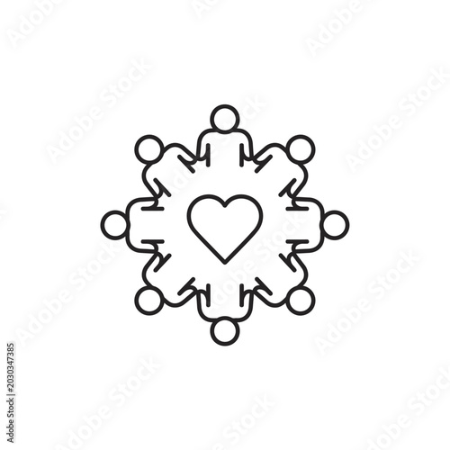 Circle of people holding hands around a heart.