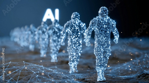 AI Generation, Future of Technology: A procession of humanoid figures composed of glowing digital particles marches forward, representing the advancement and omnipresence of artificial intelligence.