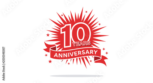 Red and white 10 years anniversary logo features a bold number and a ribbon with stars to celebrate a decade of success and achievement.
