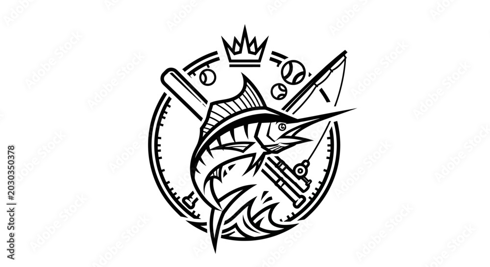 Fototapeta premium Majestic marlin jumping in a circular sports emblem with baseball bat, fishing rod, and royal crown. Black and white illustration for fishing and baseball.