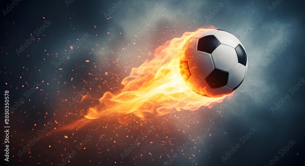 Fototapeta premium Flaming soccer ball flying with fire and sparks, representing speed, power, and dynamic football action