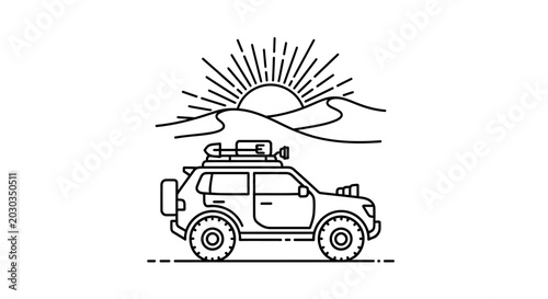 Adventure Off-Road SUV in Desert Landscape Line Art. Travel Vehicle Exploring Sand Dunes at Sunrise or Sunset Illustration.