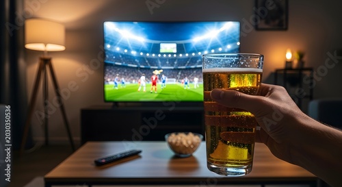 Man holding a beer watching soccer game on tv at home