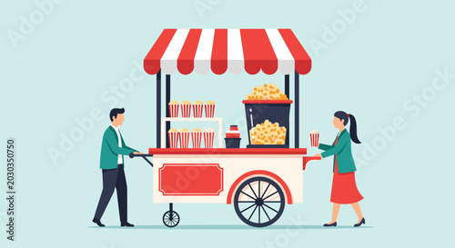 Man and woman operating a traditional red and white striped popcorn cart in a flat vector style illustration for food vendors.