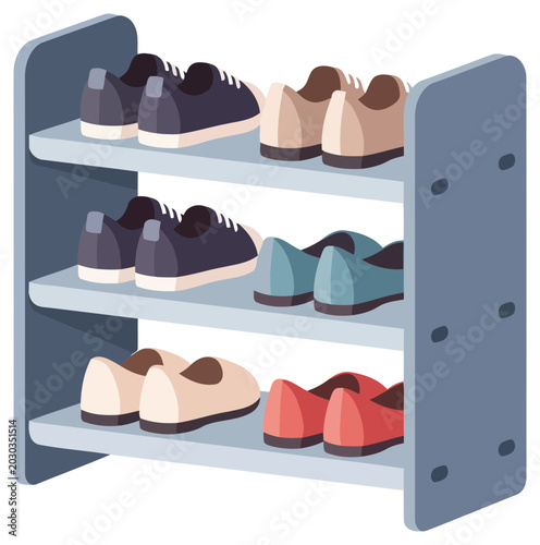 Footwear organizer rack filled with various casual shoes and sneakers in this detailed coloring page 