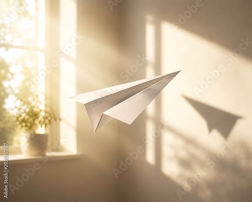 A paper airplane gracefully glides through a sunlit room, casting a distinct shadow on the wall.
