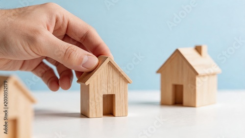 Hand placing small wooden house model on white table, real estate investment and property management concept, home buying selling mortgage insurance or construction planning idea