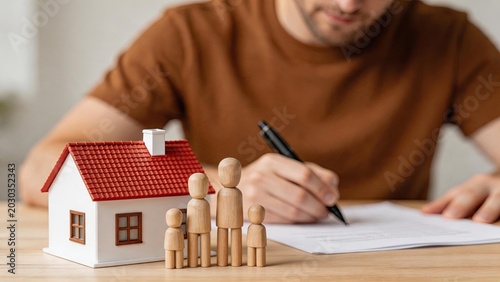 Man signing legal document for home purchase, family wooden figures and miniature house model on table, real estate investment concept, mortgage agreement or property insurance