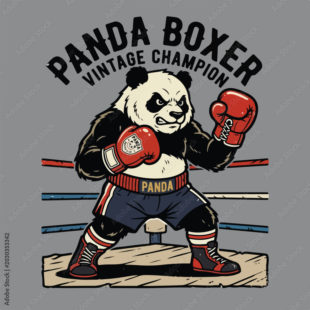 Naklejka premium retro vintage vector style of a panda boxer wearing classic red boxing gloves.