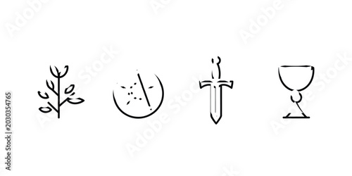 Foto Minimalist hand drawn four tarot suits symbols icons set including pentacle swor