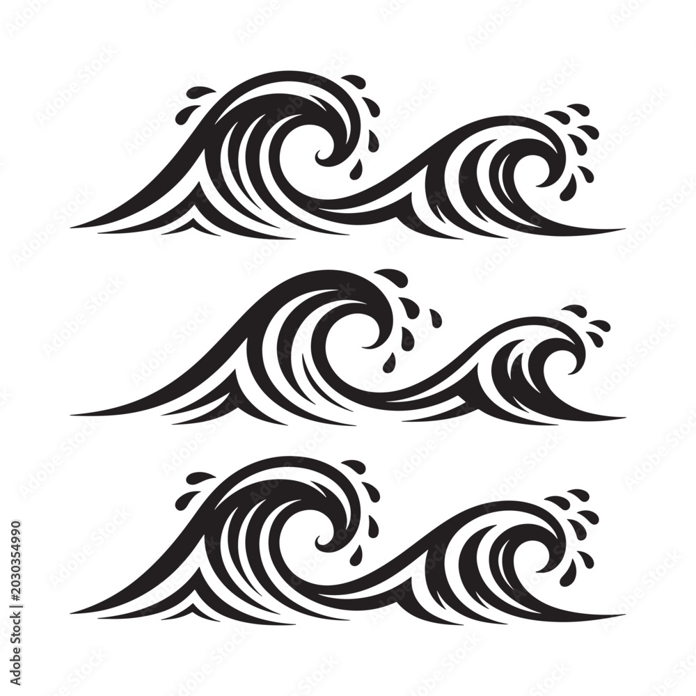 Fototapeta premium Three black and white stylized wave shapes on white background