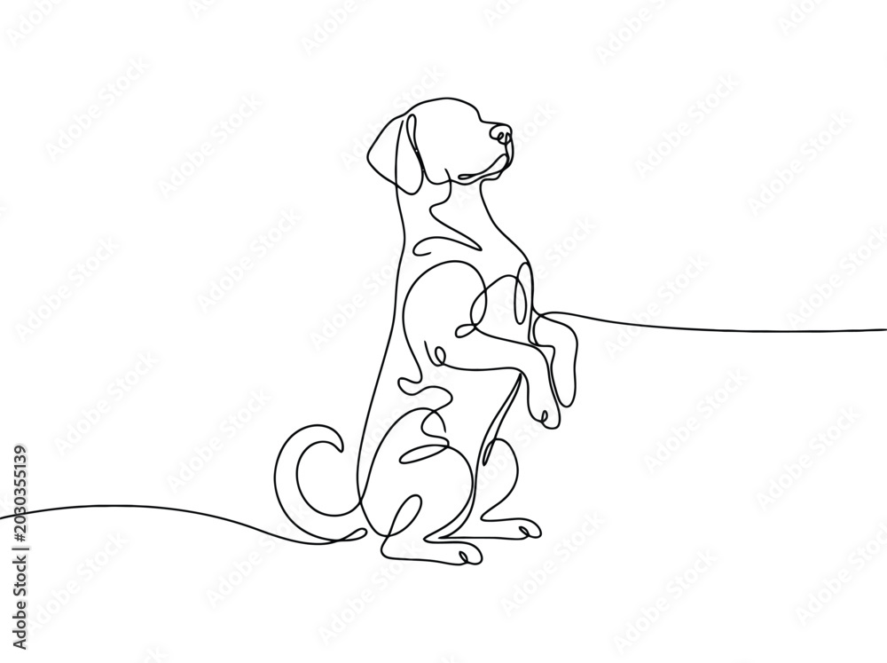 Fototapeta premium A playful dog sits on its hind legs with paws up while looking to the side in a minimalist line art style