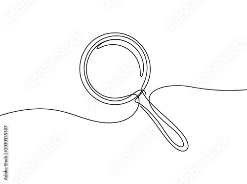 A single line drawing of a magnifying glass searching for answers while symbolizing discovery and investigation