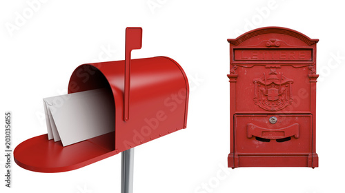 Canvastavla Red mailbox with open door revealing mail and antique red mail slot old fashione