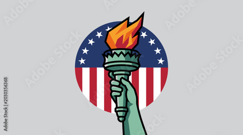 Bild auf Leinwand Liberty Torch Held High Above Circular American Flag Design with Stars and Strip