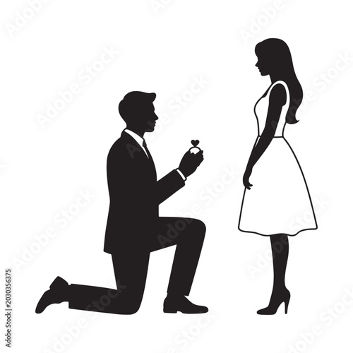 Obraz na płótnie proposing couple silhouette black and white illustration on white background
