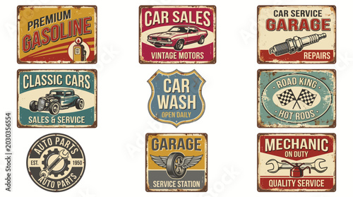 Obraz na płótnie Collection of Vintage Car and Automotive Service Metal Signs for Garage Decor