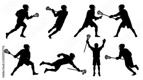 Foto Dynamic silhouettes of lacrosse players captured in various intense action poses