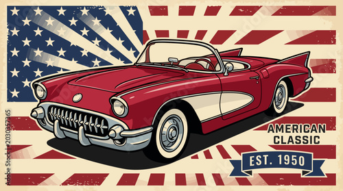Fotografía Vibrant vintage American classic car illustration set against a distressed flag
