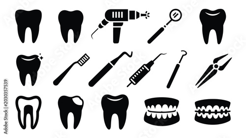 Tableau sur toile Set of 15 Black Dental Care and Tools Vector Icons