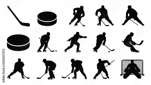 Photography Set of 15 Ice Hockey Player and Equipment Silhouettes Vector