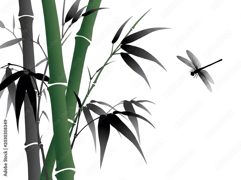 Fototapeta premium Green Bamboo and Flying Dragonfly in Minimalist Zen Sumie Ink Style for Spiritual Editorial Background