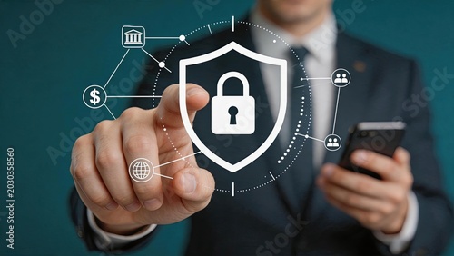 Cyber security and data protection concept, businessman touching virtual shield with lock icon, safeguarding financial and personal information online