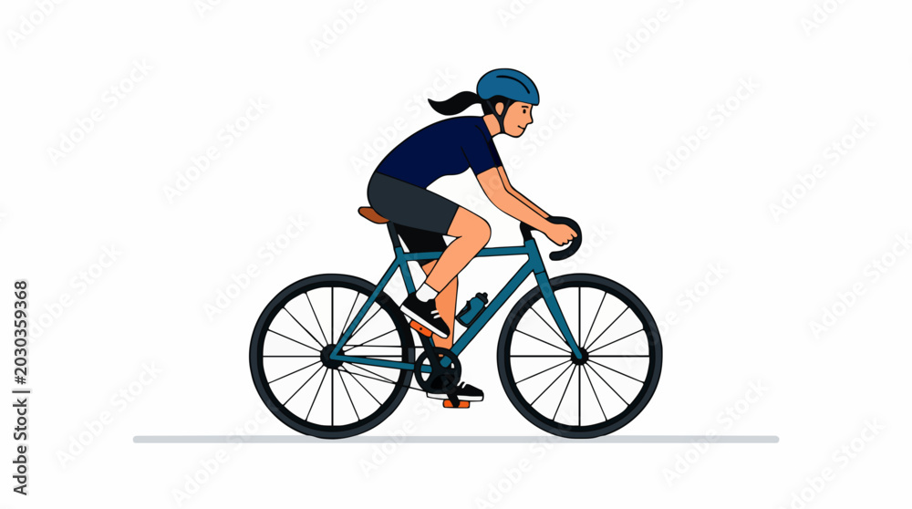 Fototapeta premium Woman cyclist wearing helmet and cycling gear riding a blue road bicycle with a water bottle on a white background