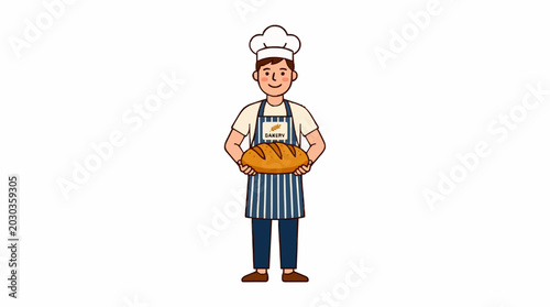 Smiling baker in chef hat and apron holding a fresh loaf of bread with bakery logo on apron isolated on white background