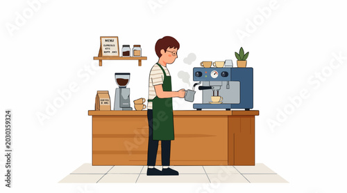 Barista making coffee at a coffee shop counter with espresso machine and grinder