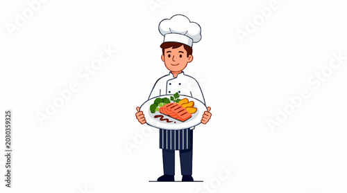 Smiling chef in uniform presenting a plate of grilled salmon with broccoli and potatoes a delicious meal