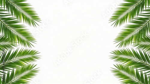  features a symmetrical layout with a white background bordered by green palm leaves on both the left and right sides. The palm leaves are
