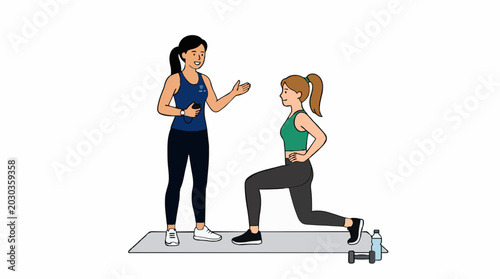 Fitness trainer guiding a woman performing a lunge exercise on a mat with dumbbells and water bottle nearby