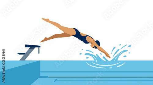 Female swimmer dives into pool creating splash from starting block in dynamic action shot