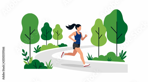 Woman running on a park path surrounded by green trees and bushes, healthy lifestyle and outdoor activity concept