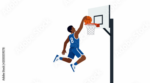 Basketball player in blue uniform performing a slam dunk with the ball over the hoop on a white background