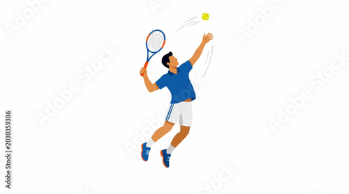 Male tennis player in blue shirt and white shorts jumping to serve a tennis ball with a racket on a white background