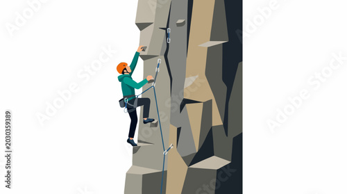Person climbing a rock wall with safety gear and ropes on a white background