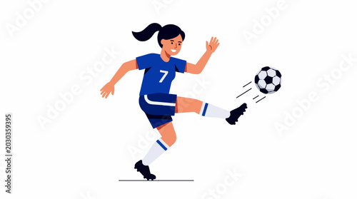 Female soccer player wearing a blue jersey with number 7 kicking a soccer ball during a game on a white background