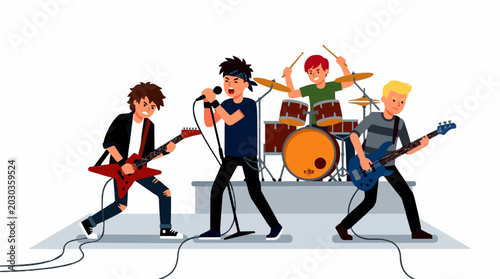 Energetic rock band performing live on stage with guitars and drums, capturing the excitement of a concert