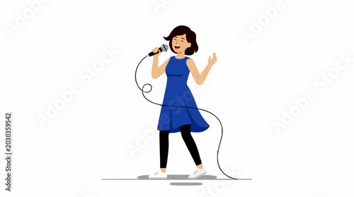 Joyful woman singing into a microphone with enthusiasm, performing on stage with a blue dress and black leggings