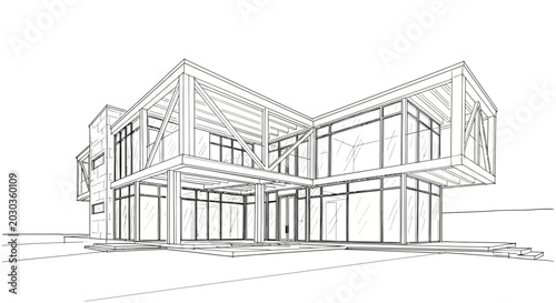Architectural blueprint and line sketch of a modern minimalist house with two floors and glass facades on a white background
